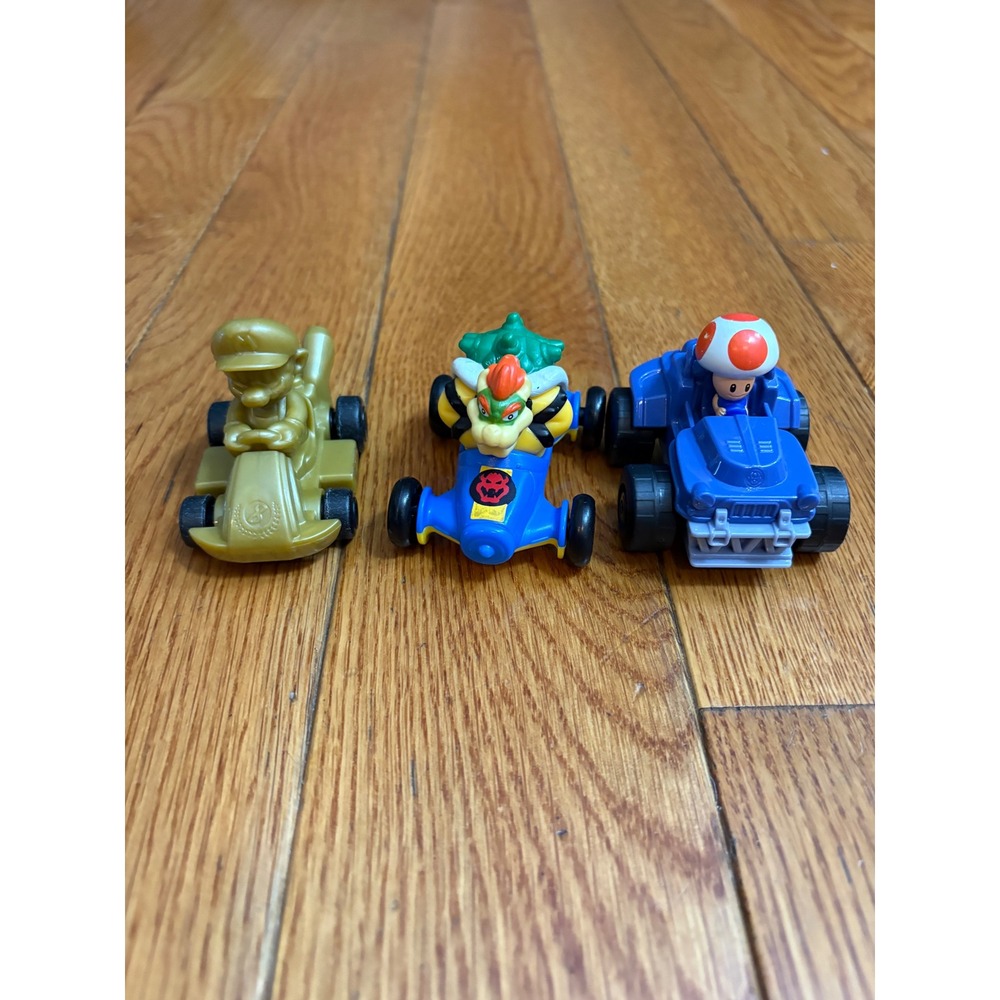 Nintendo Mario Kart Pull Back Racer Toy Lot Gold Mario Bowser Toad 3pc Set